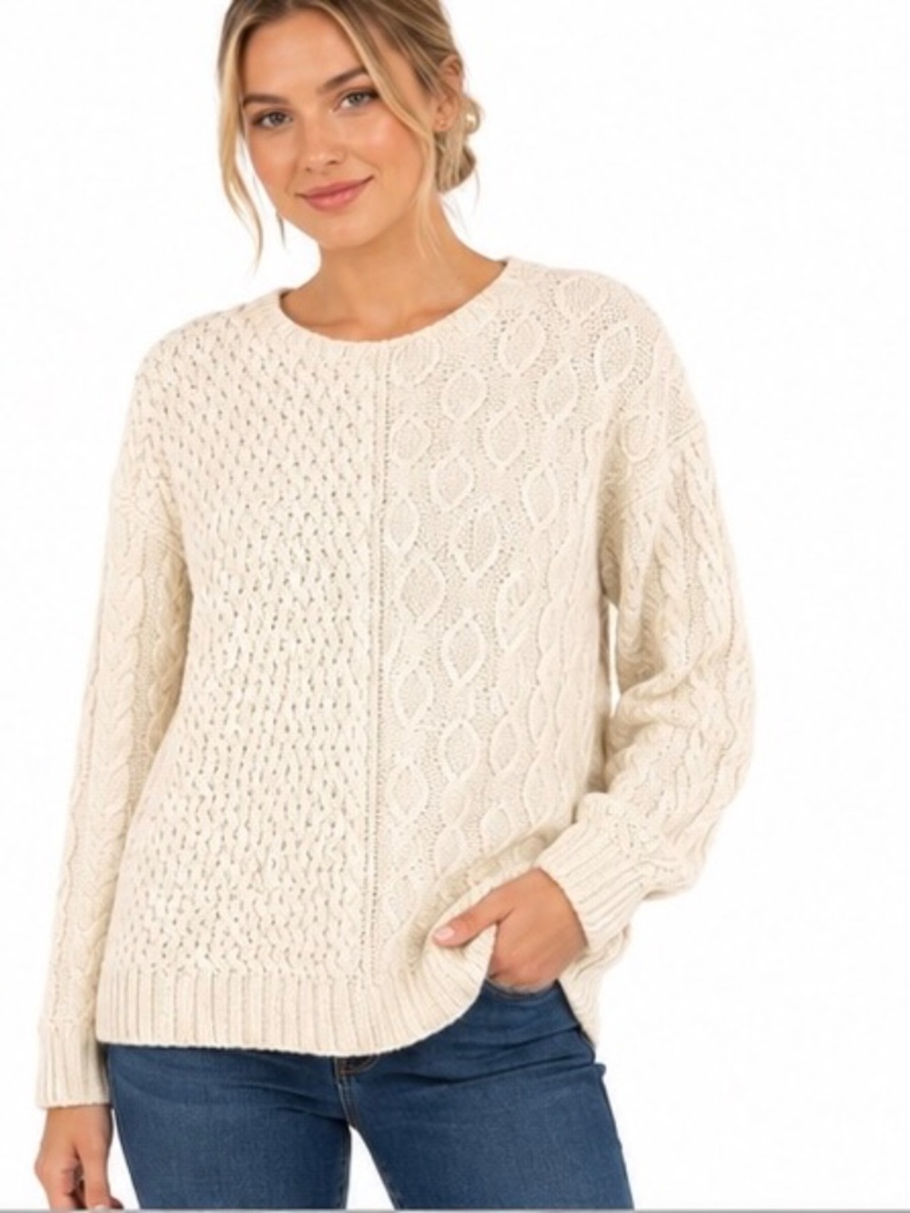 Hand Knit Cream Textured Sweater Medium Chunky Knit Cozy Leaf Pattern Pullover